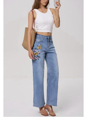 Flamingals Embroidered Wide Leg Straight Jeans Mid Rise Stretch Denim Pants L